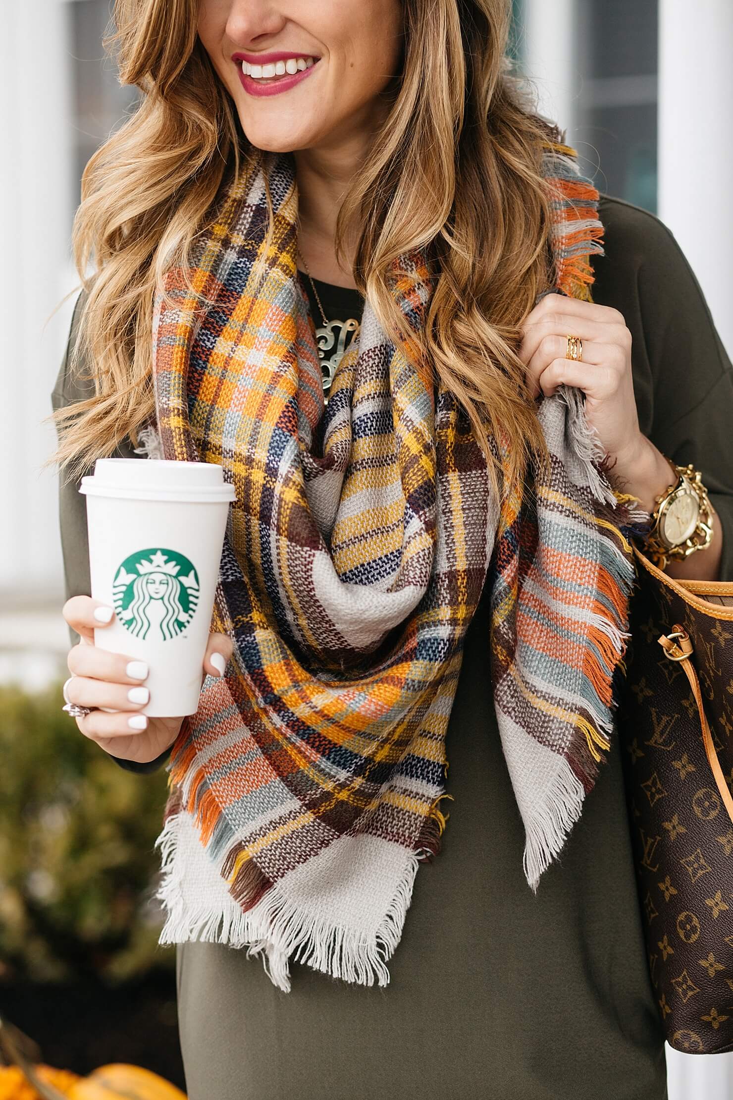 fall outfit ideas, dress and tall boots, green dress with plaid blanket scarf and knee-high suede boots