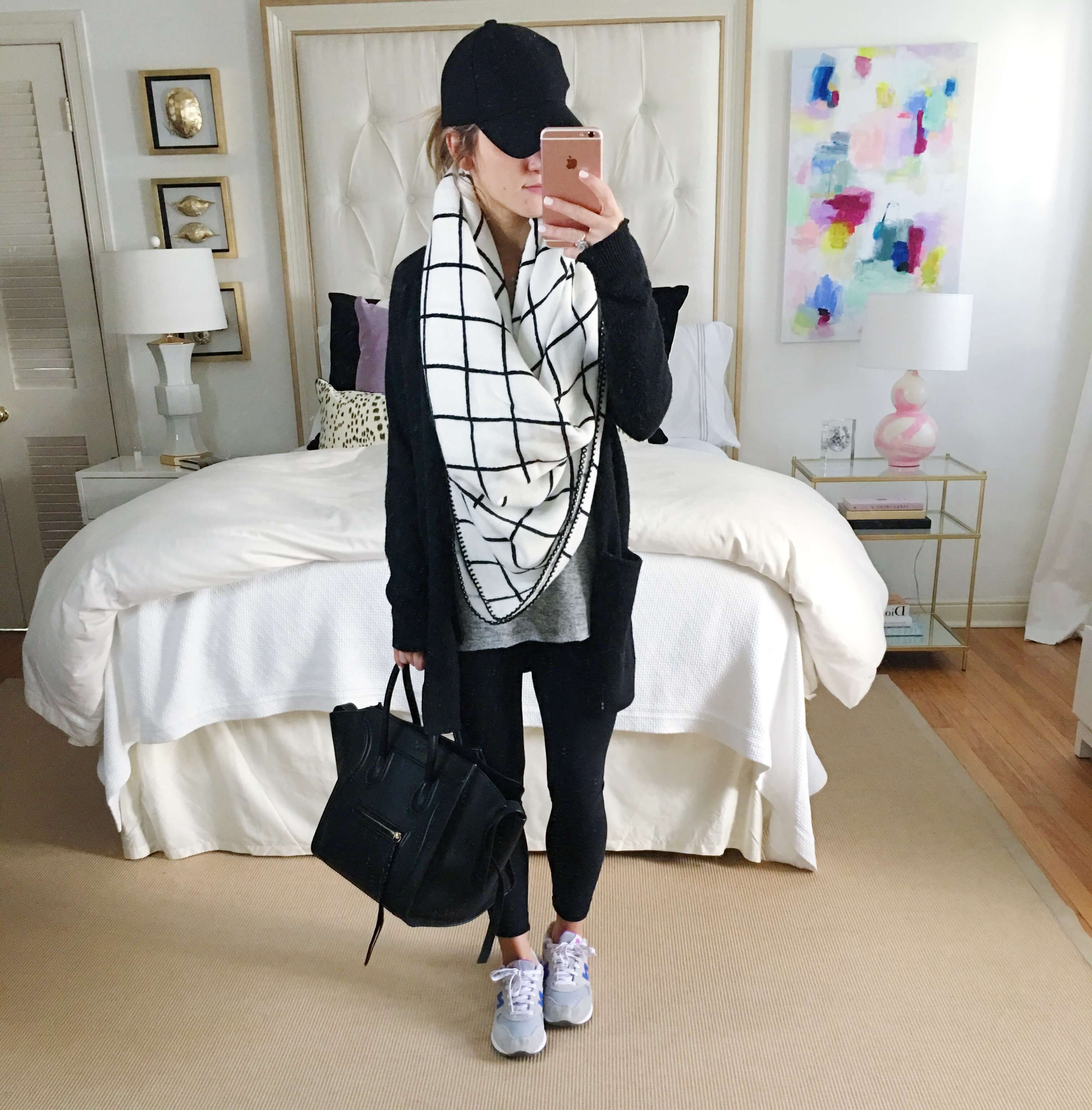 what to wear with leggings, leggings travel outfit, comfy casual outfit leggings and sneakers, denim jacket, babeball cap, celine bag