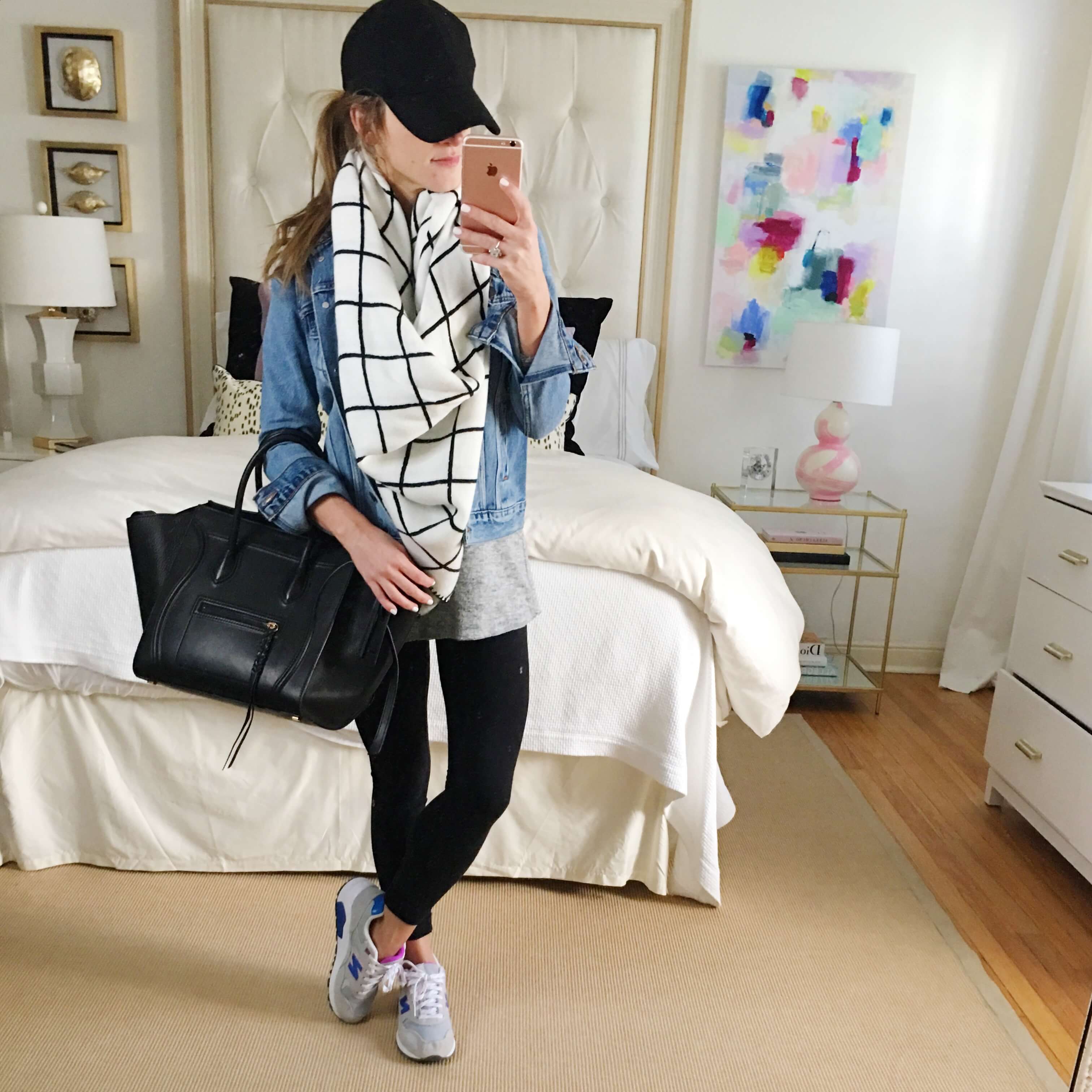 what to wear with leggings, leggings travel outfit, comfy casual outfit leggings and sneakers, denim jacket, babeball cap, celine bag
