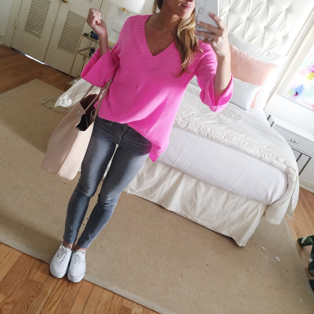citizens of humanity grey jeans, austumn cashmere neon pink swaeter, vans white sneakers