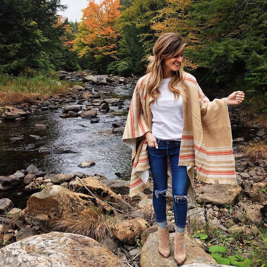 exploring vermont, reversible cape, booties, ripped jeans
