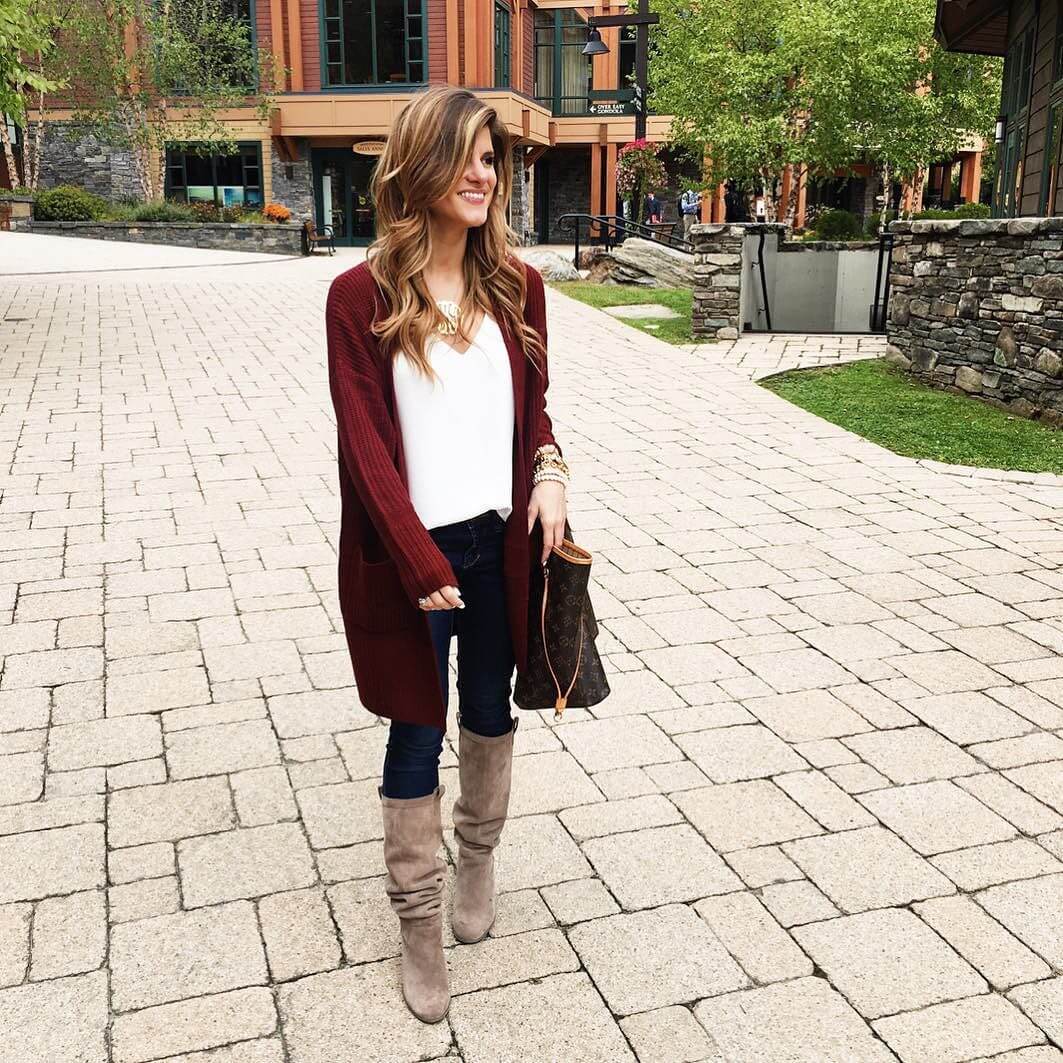 fall outfit, vermont, burgundy cardigan, slouchy boots