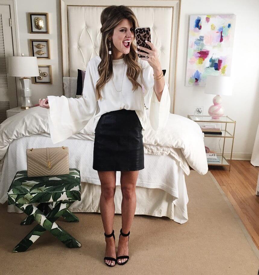 brighton the day mirror selfie white bell sleeve top black skirt 