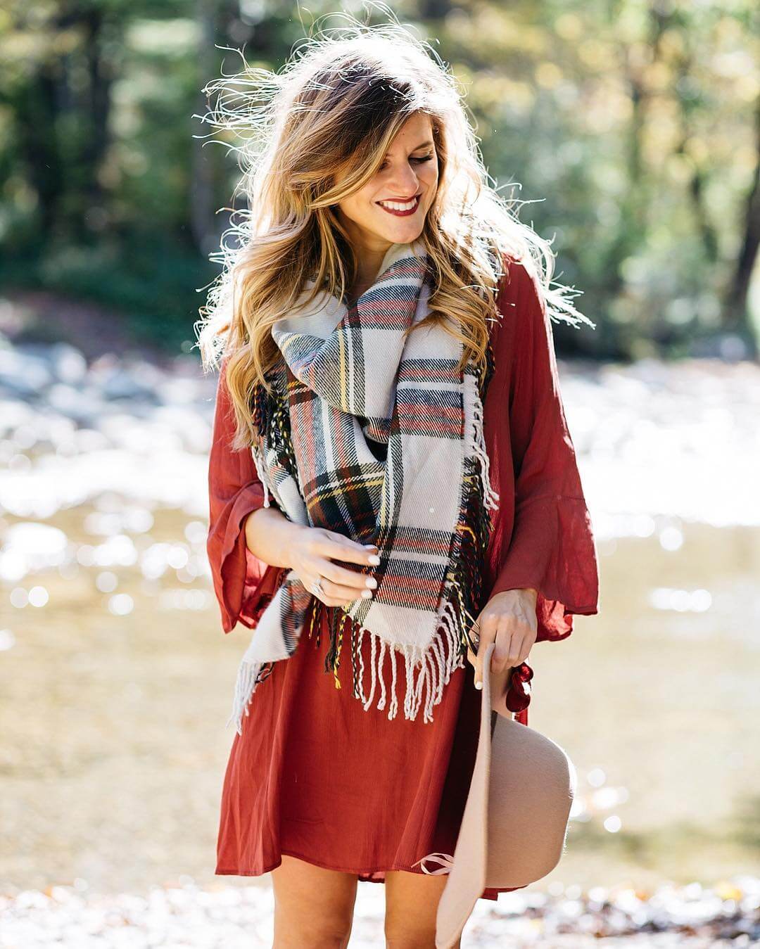 brighton the day styling, red dress, plaid blanket scarf 
