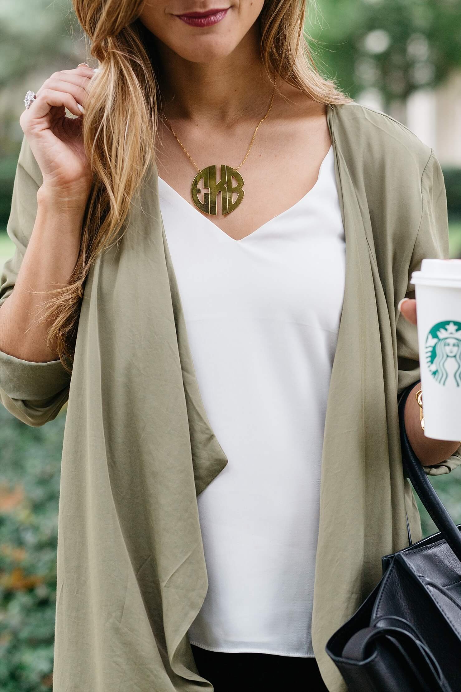 moon and lola gold monogram necklace, olive green trench, outfit details