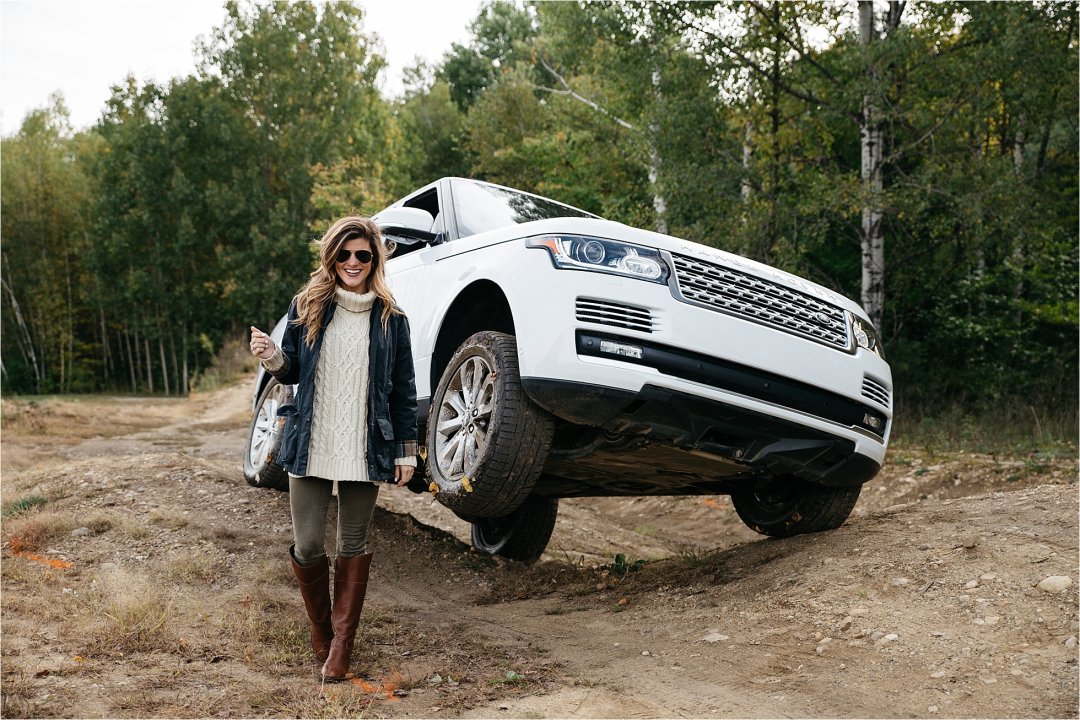 Land Rover Driving Experience in Manchester, VT brighton keller tory burch riding boots, barbour jacket, fishermen knit sweater, fall outfit
