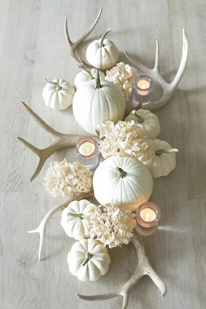 antler and white pumpkin center table piece