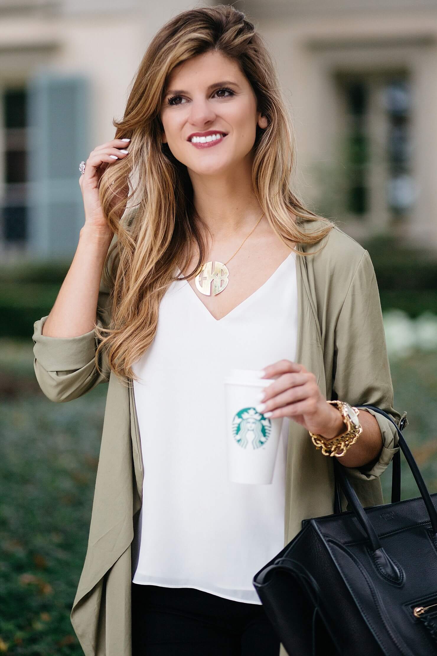 moon and lola gold monogram necklace, olive green trench, outfit details, black celine phantom tote