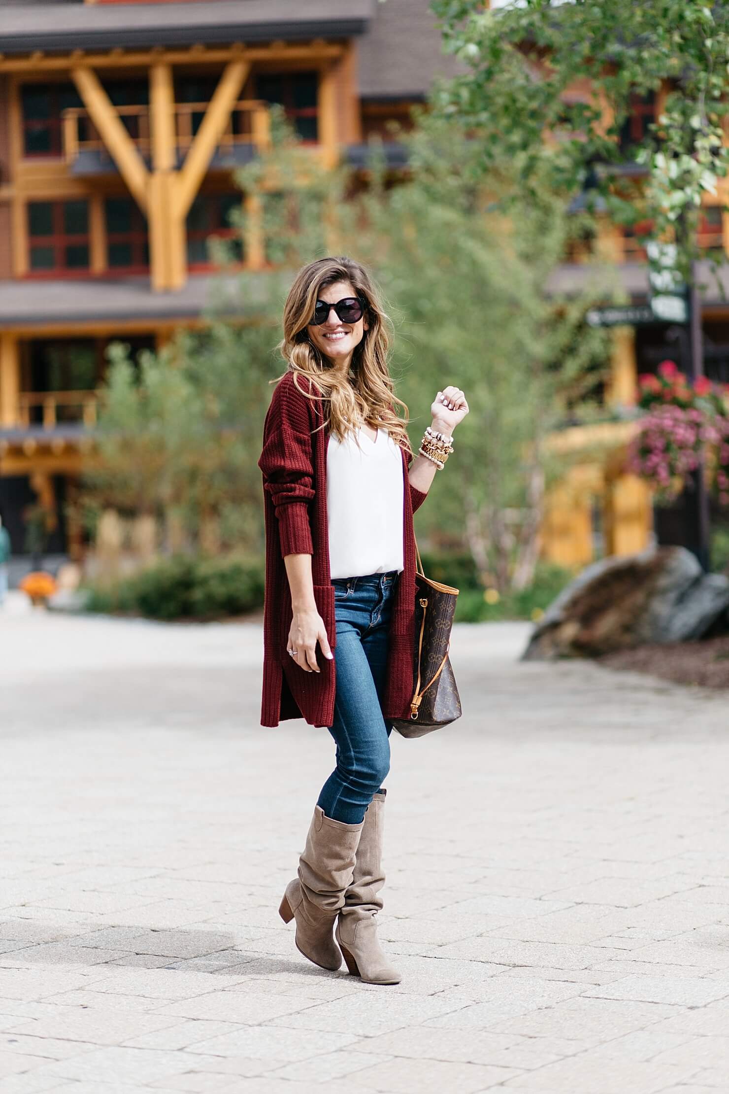 long burgundy cardigan, white tank, jeans, suede knee-high boots, Lv Neverfull tote, monogram necklace, casual fall outfit