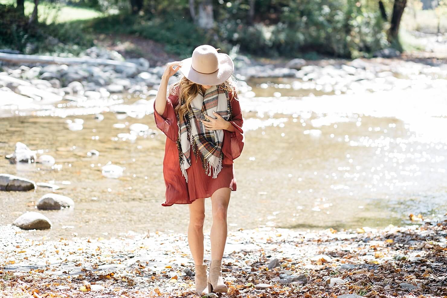 Casual fall outfit, fall dress with booties, lush bell sleeve dress with booties and plaid blanket scarf, floppy hat, dress and booties fall outfit