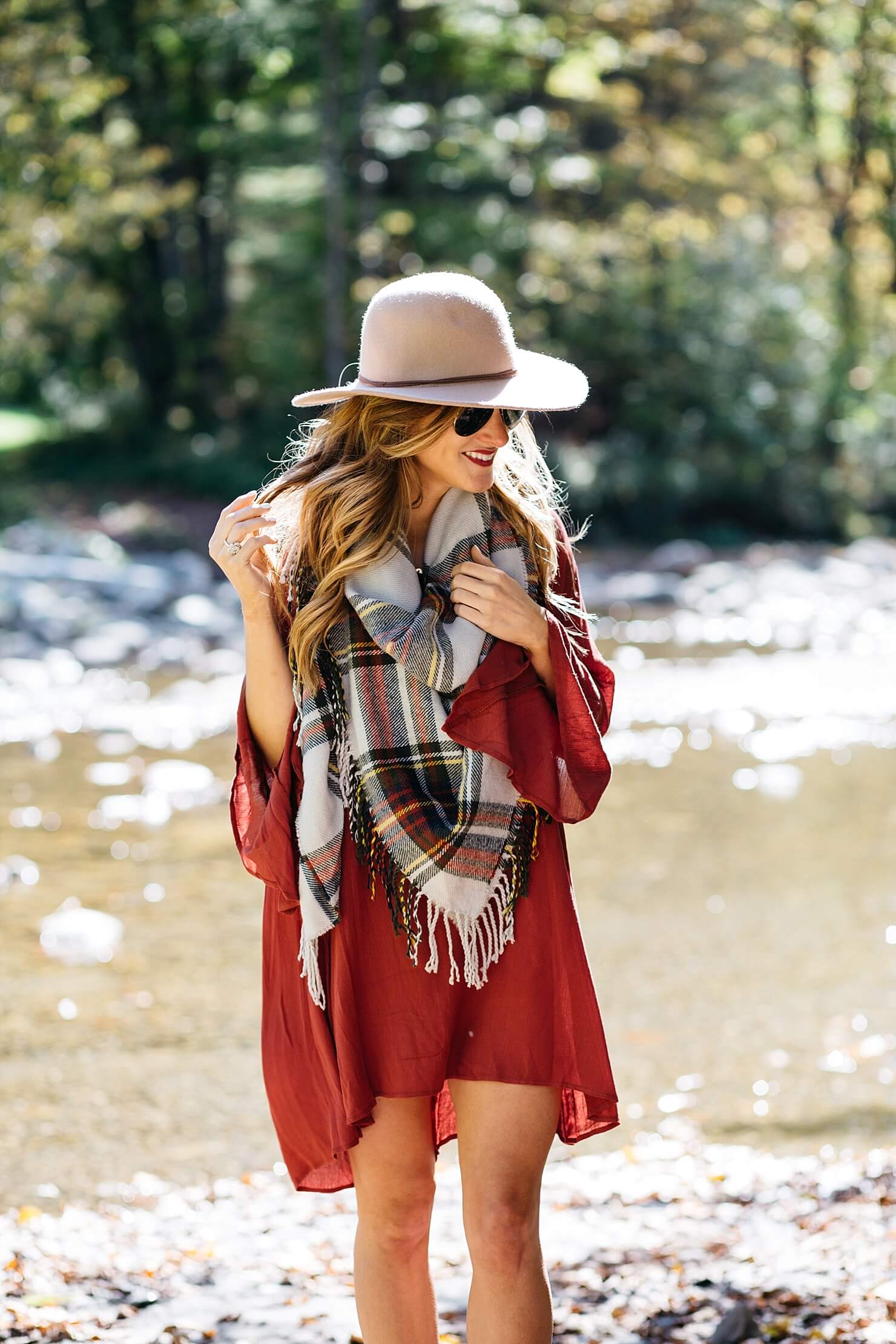 Casual fall outfit, fall dress with booties, lush bell sleeve dress with booties and plaid blanket scarf, floppy hat, dress and booties fall outfit