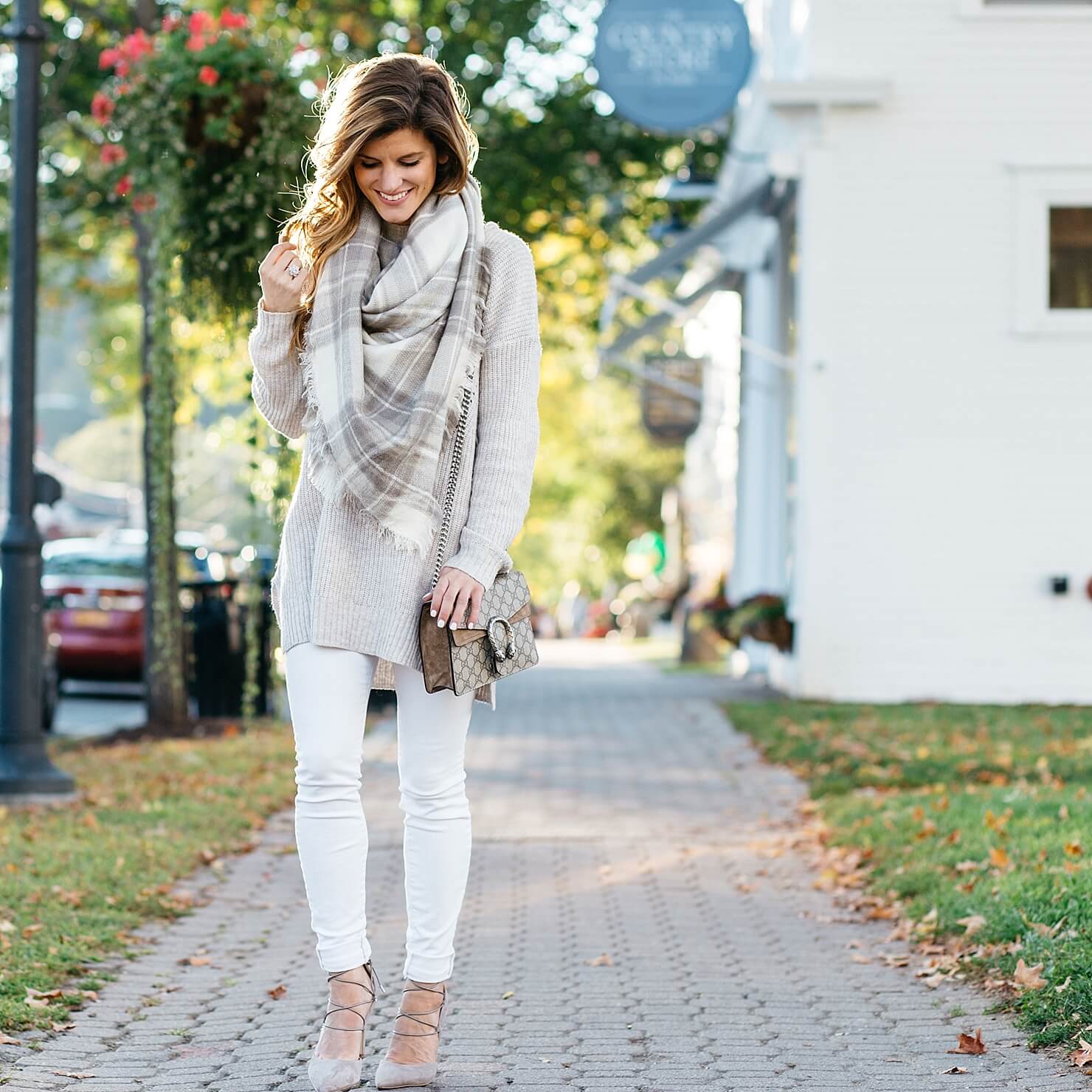 oatmeal neutral tunic sweater, sam edelman lace up heels, gucci crossbody, plaid scarf, neutral fall white jeans outfit