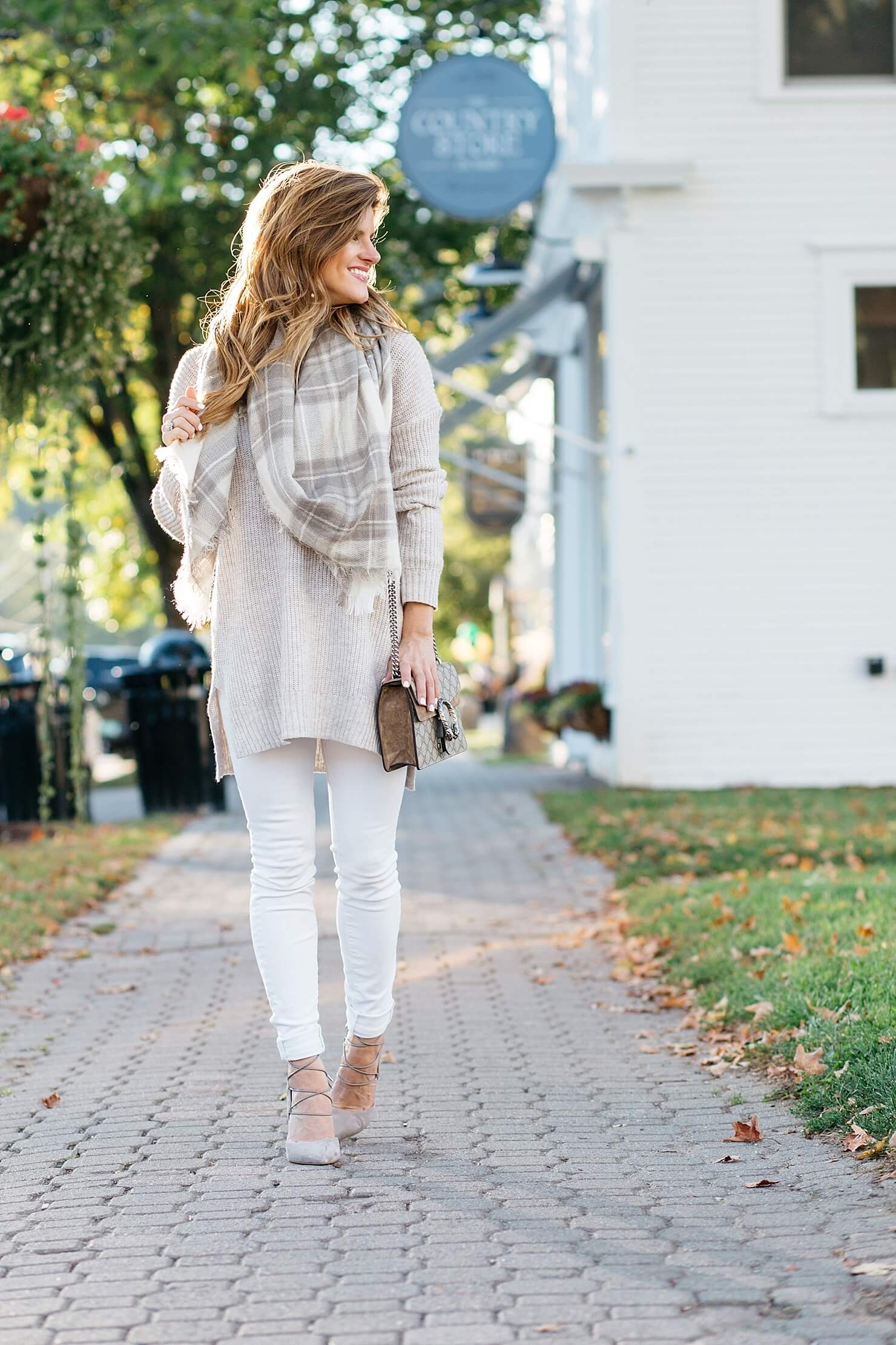can you wear white after labor day, oatmeal neutral tunic sweater, sam edelman lace up heels, gucci crossbody, plaid scarf, neutral fall white jeans outfit