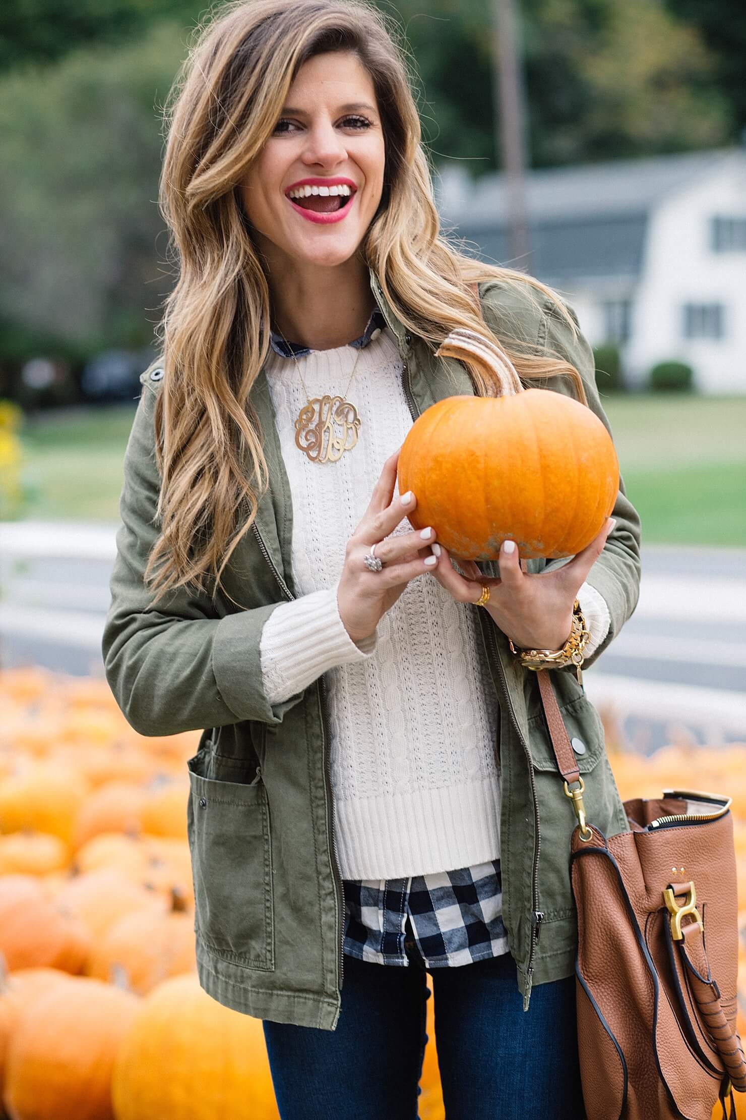 fall outfit details, layered cable knit sweater and gingham button up, oversized monogram necklace, at pumpkin patch, cute fall outfit details