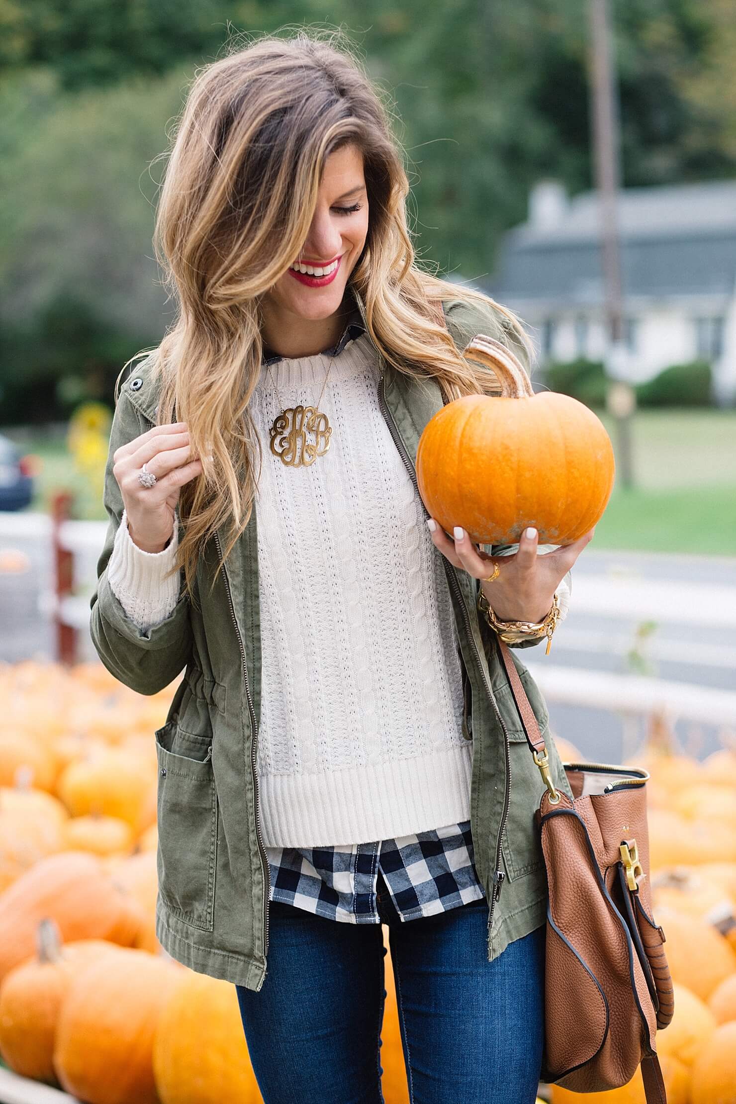 fall outfit details, layered cable knit sweater and gingham button up, oversized monogram necklace, at pumpkin patch, cute fall outfit details
