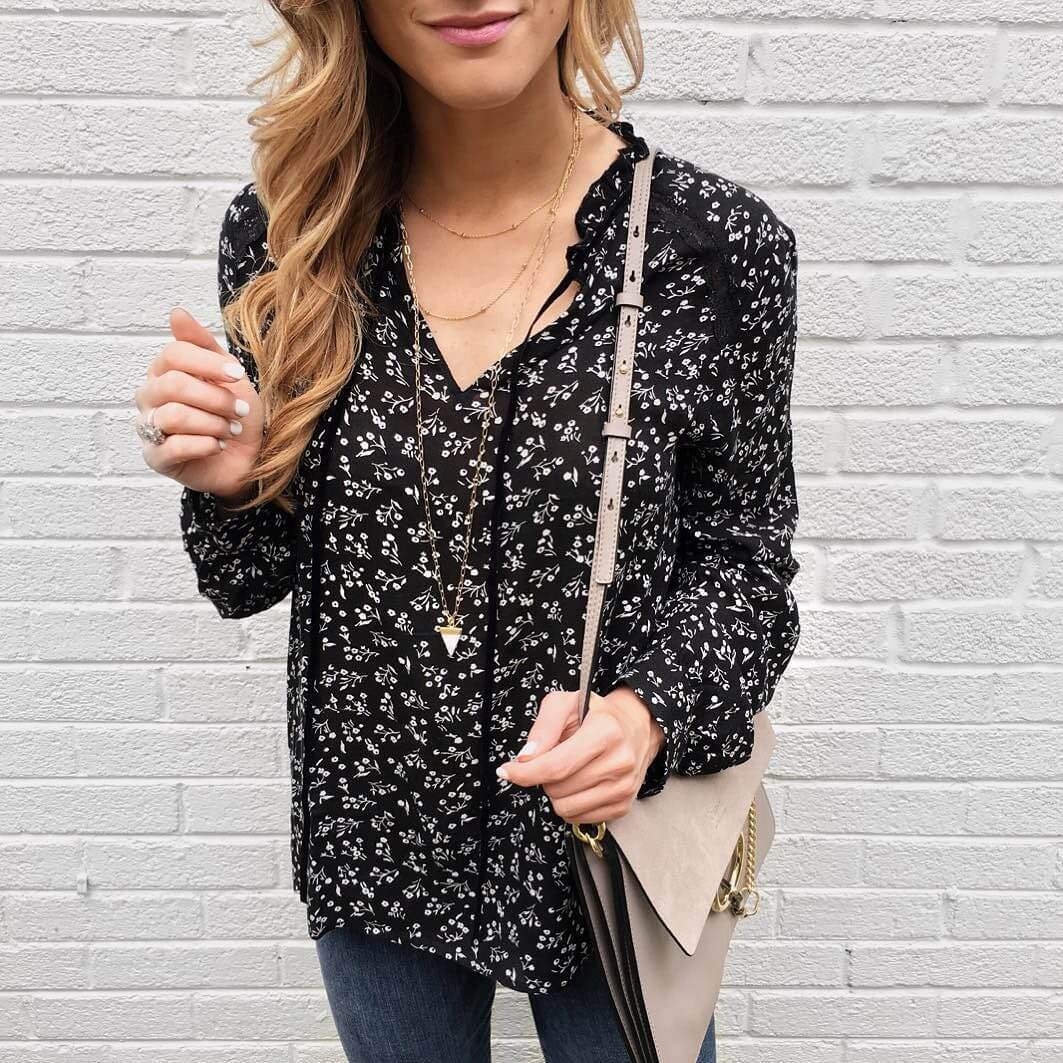 Brighton the Day Close Up, black floral print top, chloe bag, moon and lola necklaces 
