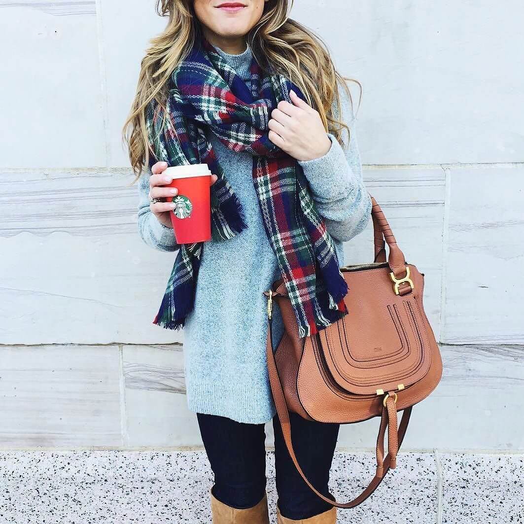 brighton the day close up plaid blanket scarf, sweater, boots, chloe marcie satchel
