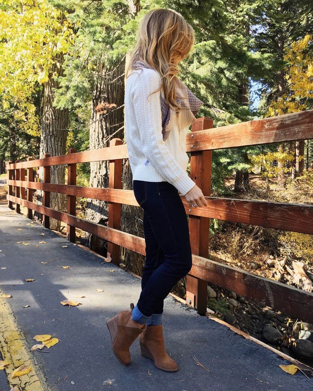 brighton the day lake tahoe styling beige staple sweater, jeans, and booties