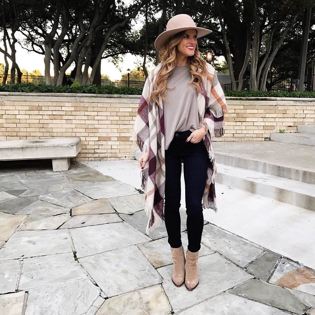 brighton the day styling black jeans, blanket scarf, neutral top and hat