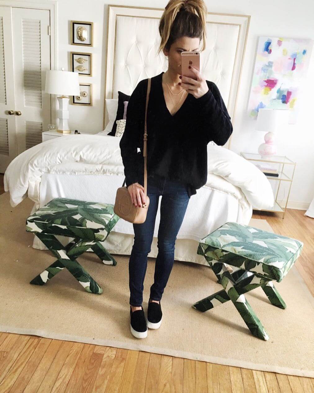 brighton the day mirror selfie, jeans, black oversized sweater, black slide on sneakers, gucci crossbody