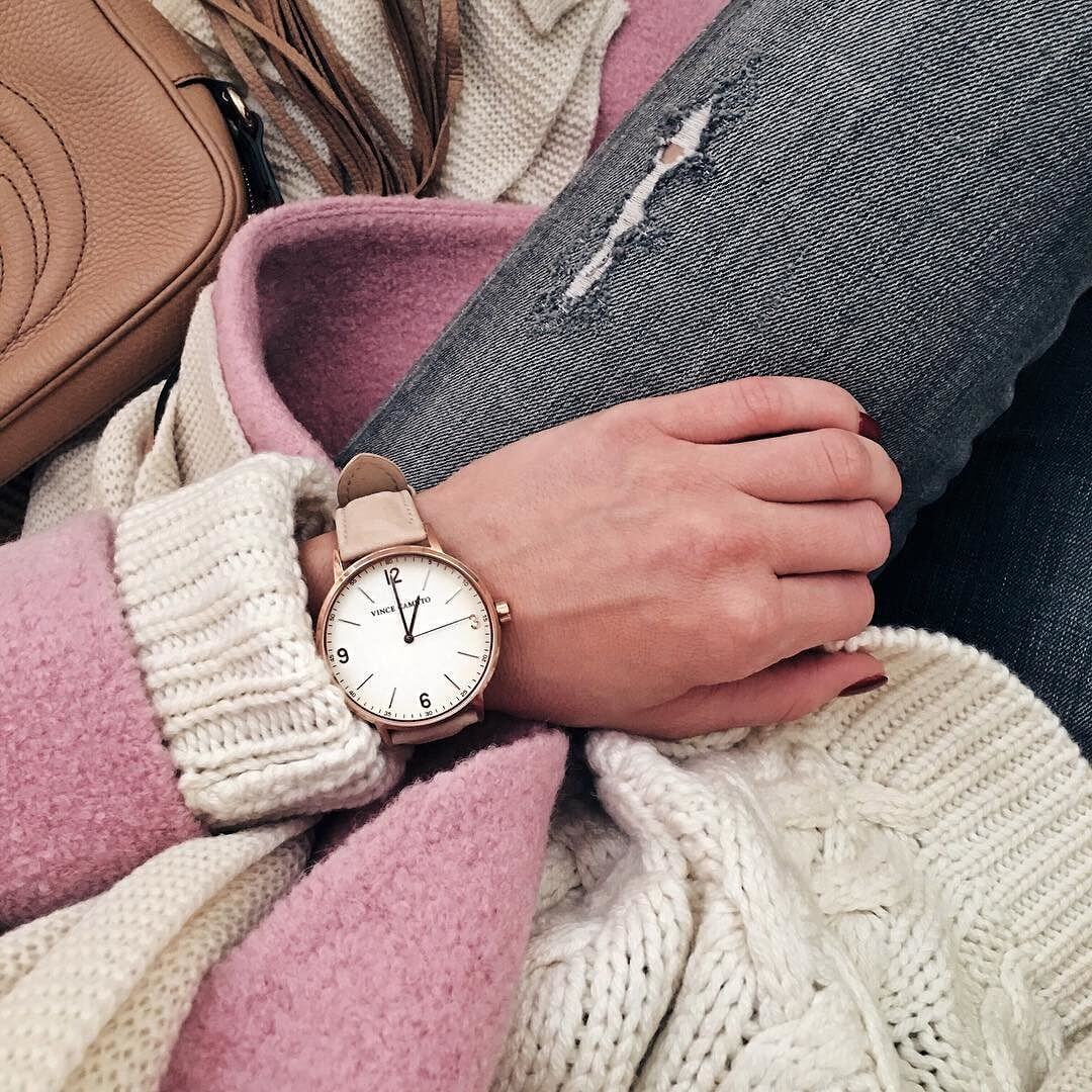 brighton the day close up watch, pink sweater, cableknit sweater