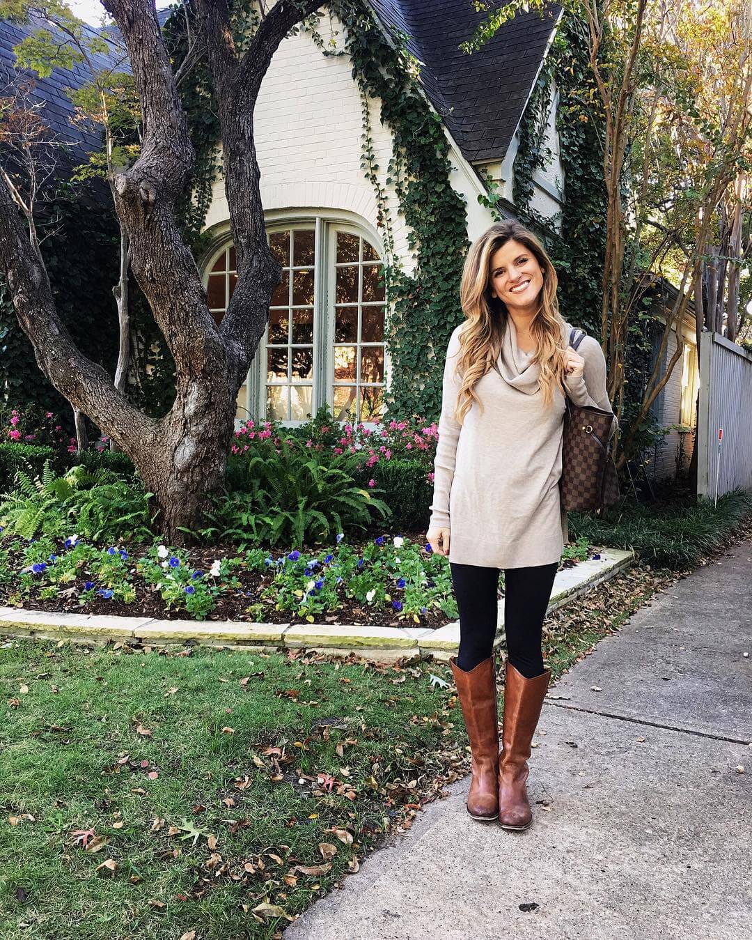 brighton the day styling leggins, cowl neck sweater, riding boots, tunic and leggings outfit, black and brown outfit, casual fall outfit