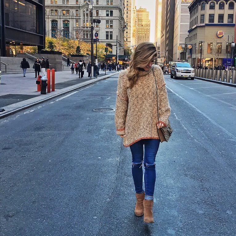 brighton the day NYC, jeans, booties, camel sweater