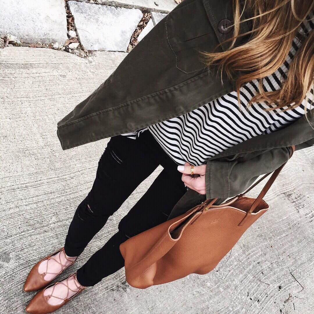 brighton the day overhead selfie tan lace up flats, stripe long sleeve, bp utility jacket, black ripped jeans
