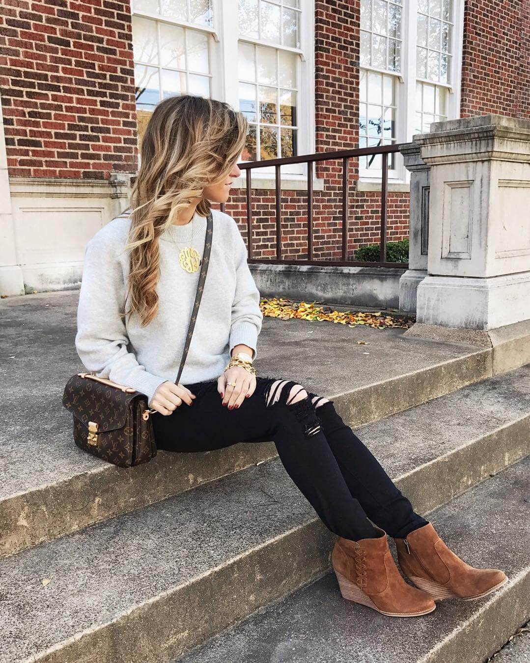 distressed denim, cognac suede booties, crewneck cozy sweater, fall outfit, casual ootd