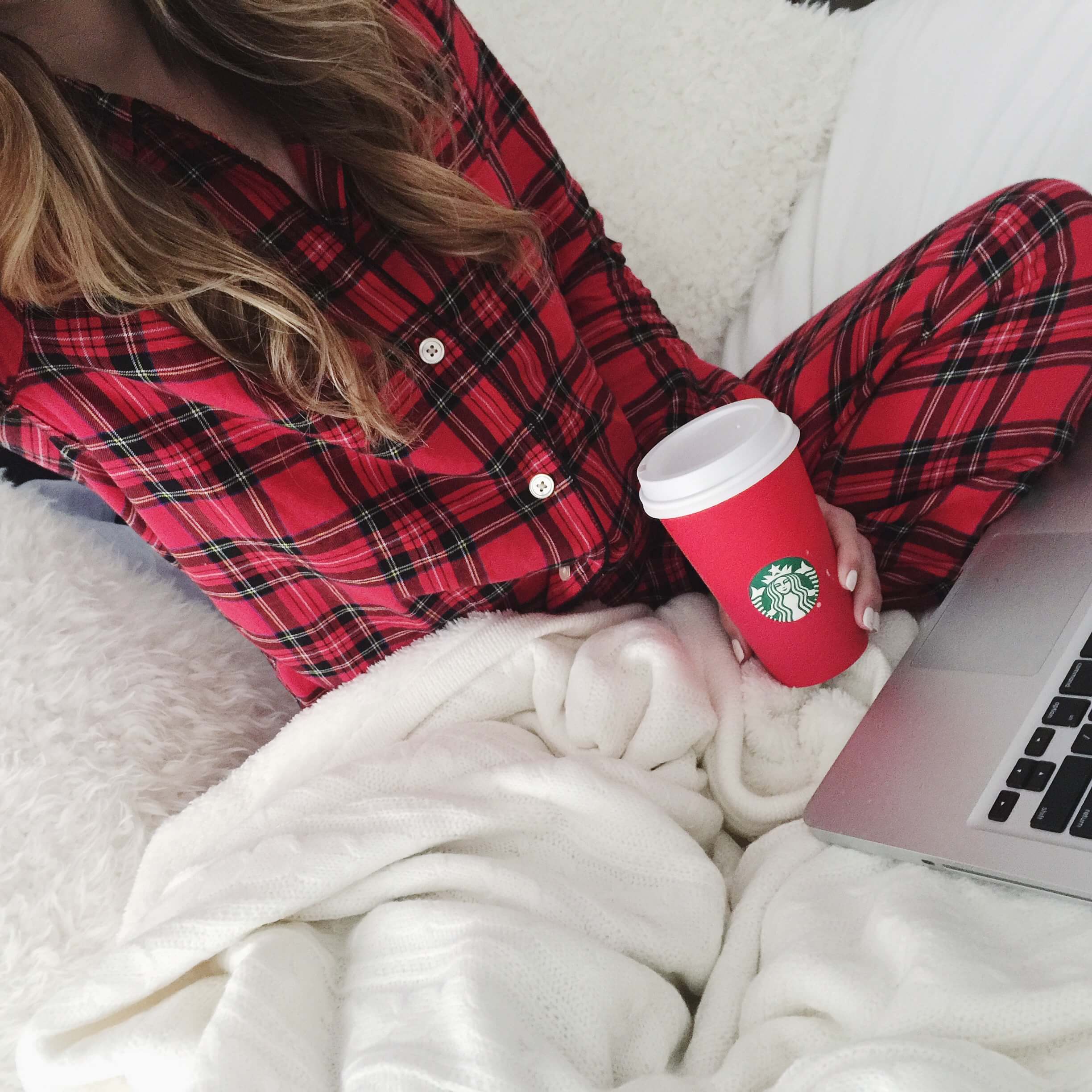 cozy red plaid pajamas, starbucks red cup, shopping from bed