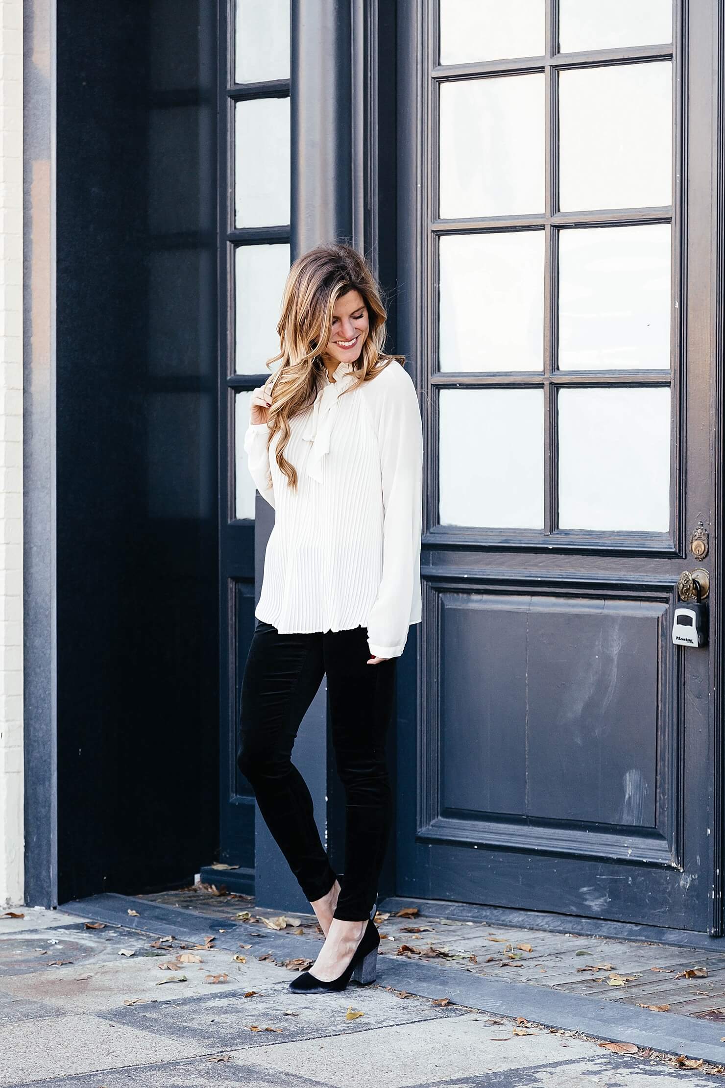 Target Holiday Style - White pleated blouse, black pants, velvet pumps, who what wear collaboration