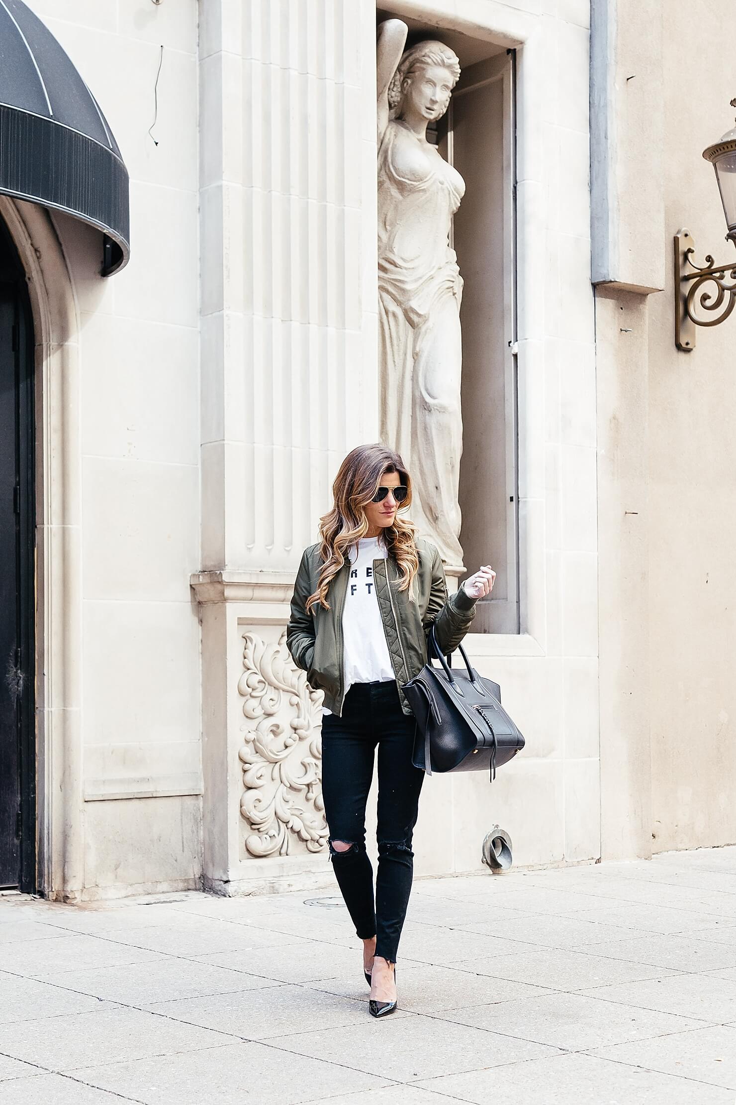 how to wear a bomber jacket, topshop olive green bomber jacket, sincerely jules dream often white tee, mother slit knee denim, patent leather pumps, dressing up a tee shirt, bomber jacket outfit