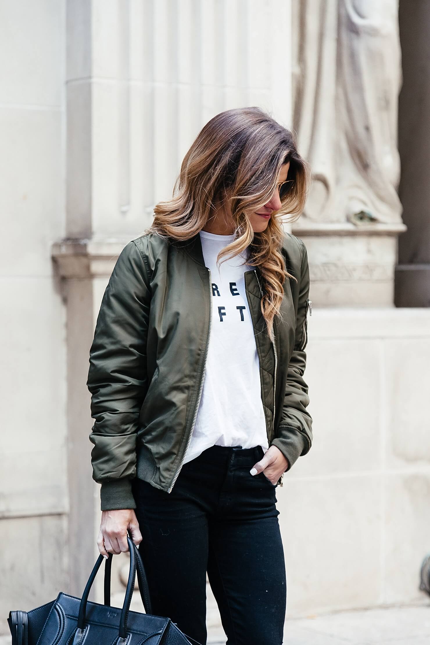 white sincerely jules tee, olive green topshop bomber jacket, celine phantom tote, ray ban aviators, dressing up a tee shirt outfit