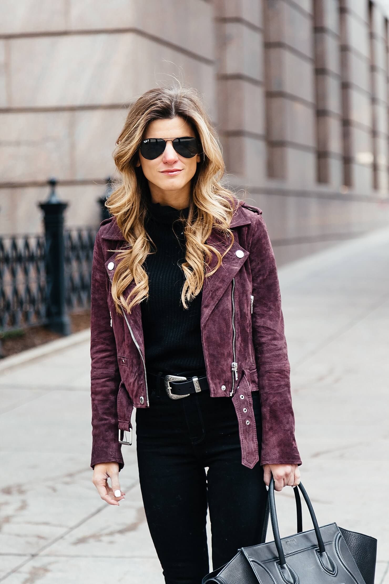 all black winter outfit idea, blankNYC burgundy suede biker jacket, suede moto jacket, all black outfit