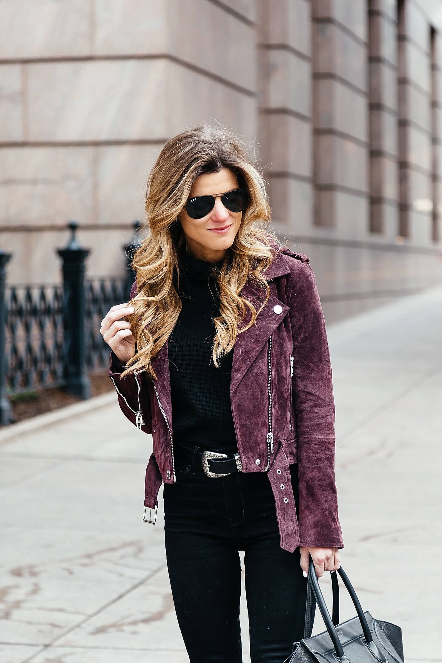 all black winter outfit idea, blankNYC burgundy suede biker jacket, suede moto jacket, all black outfit