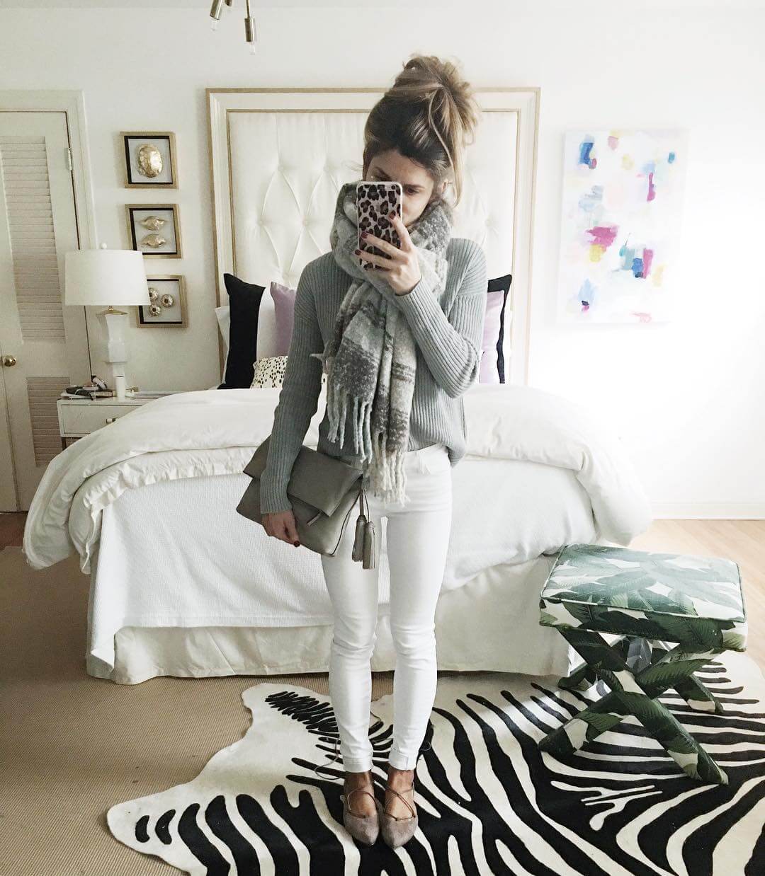 free people scarf, grey sweater, white jeans outfit, monochromatic outfit, all grey outfit
