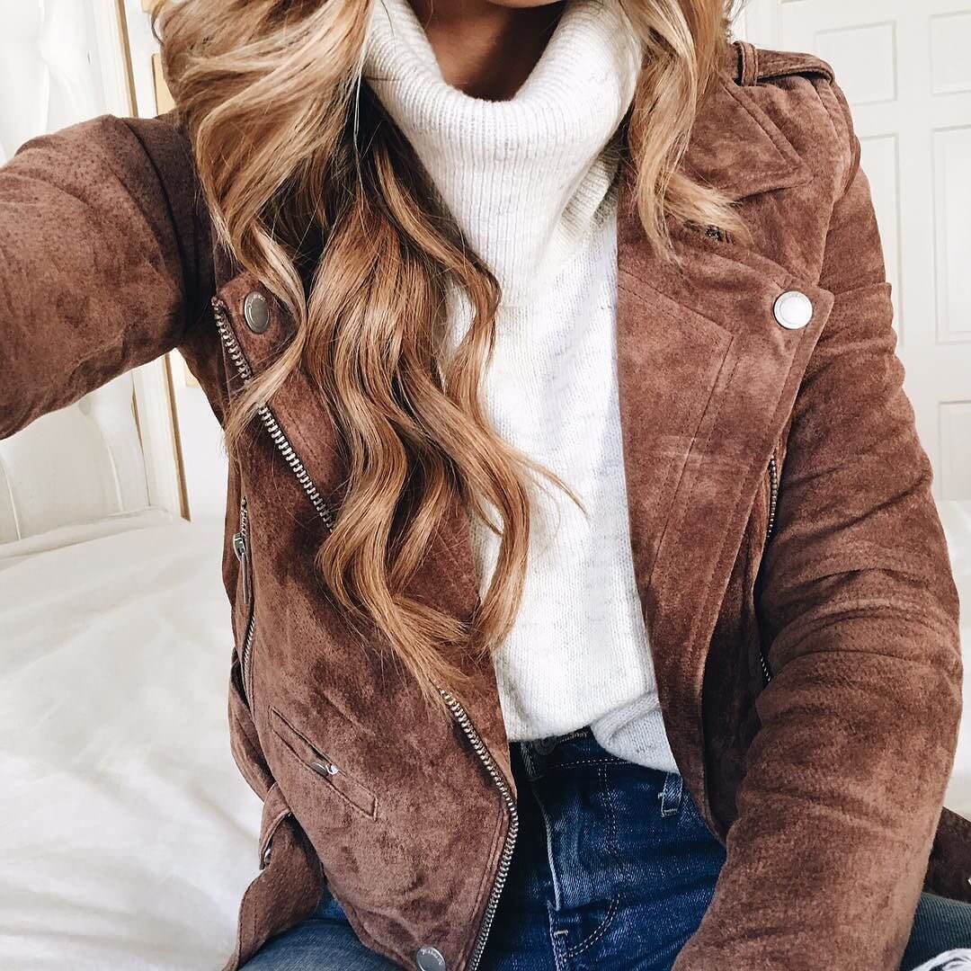 brighton the day close up up BLANKNYC brown suede jacket and white turtleneck