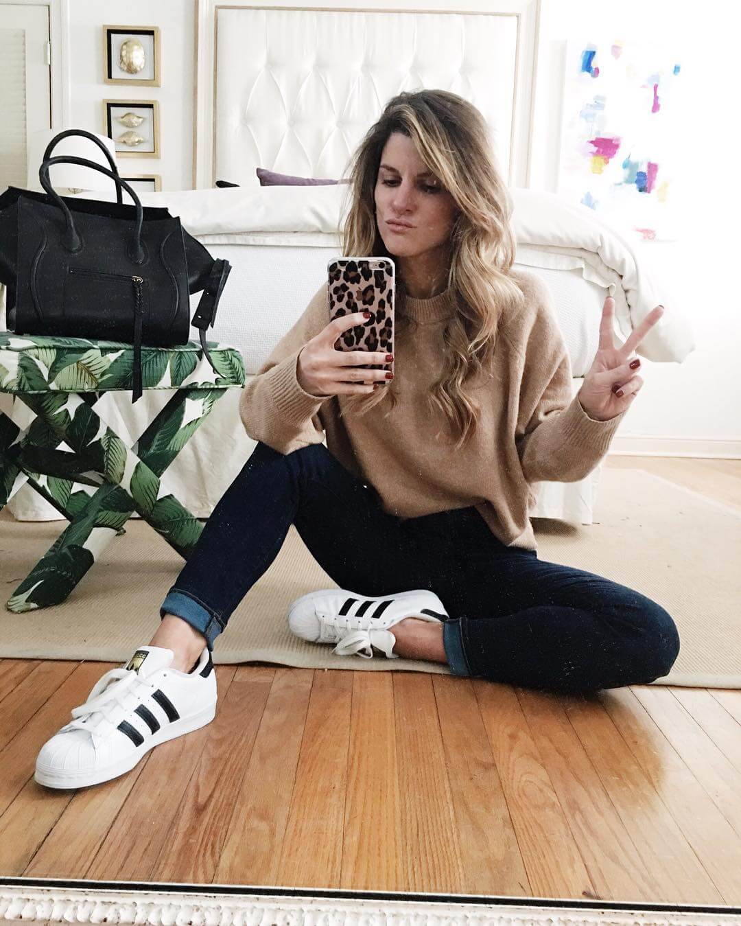 brighton the day mirror selfie adidas, jeans, tan sweater