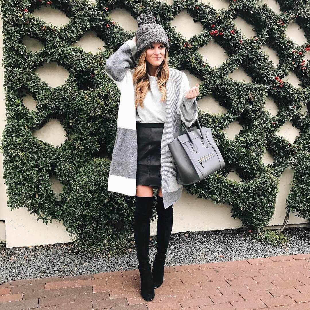 brighton the day styling leather skirt, coat, grey beanie, over the knee boots