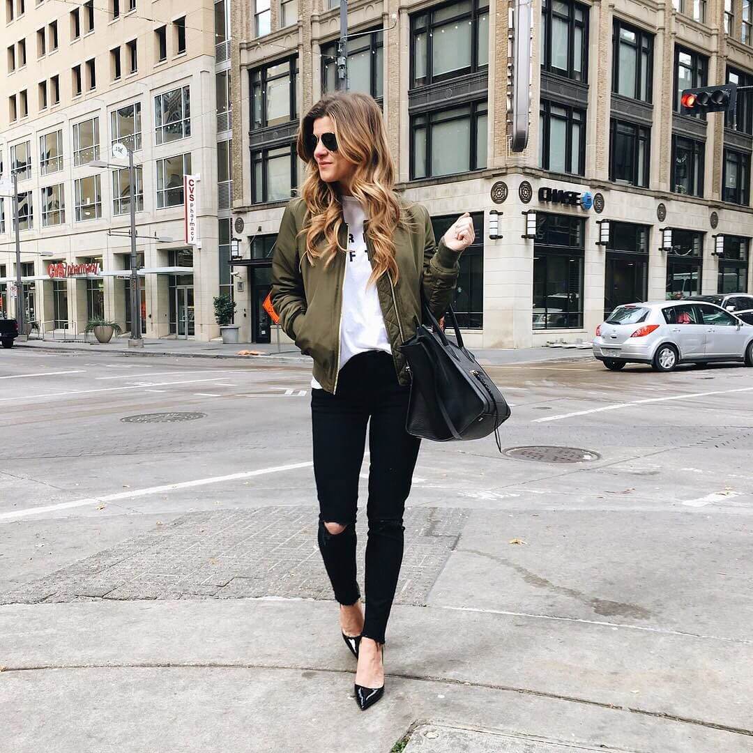 brighton the day styling plain white tee, bomber jacket, jeans, and pumps