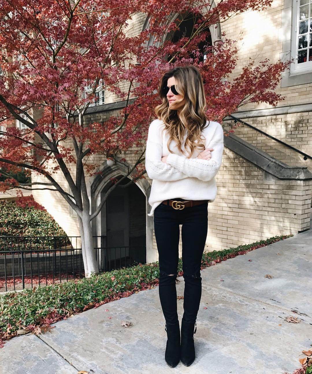 oversized comfy sweater, black jeans, black ankle booties, gucci statement belt, winter ootd