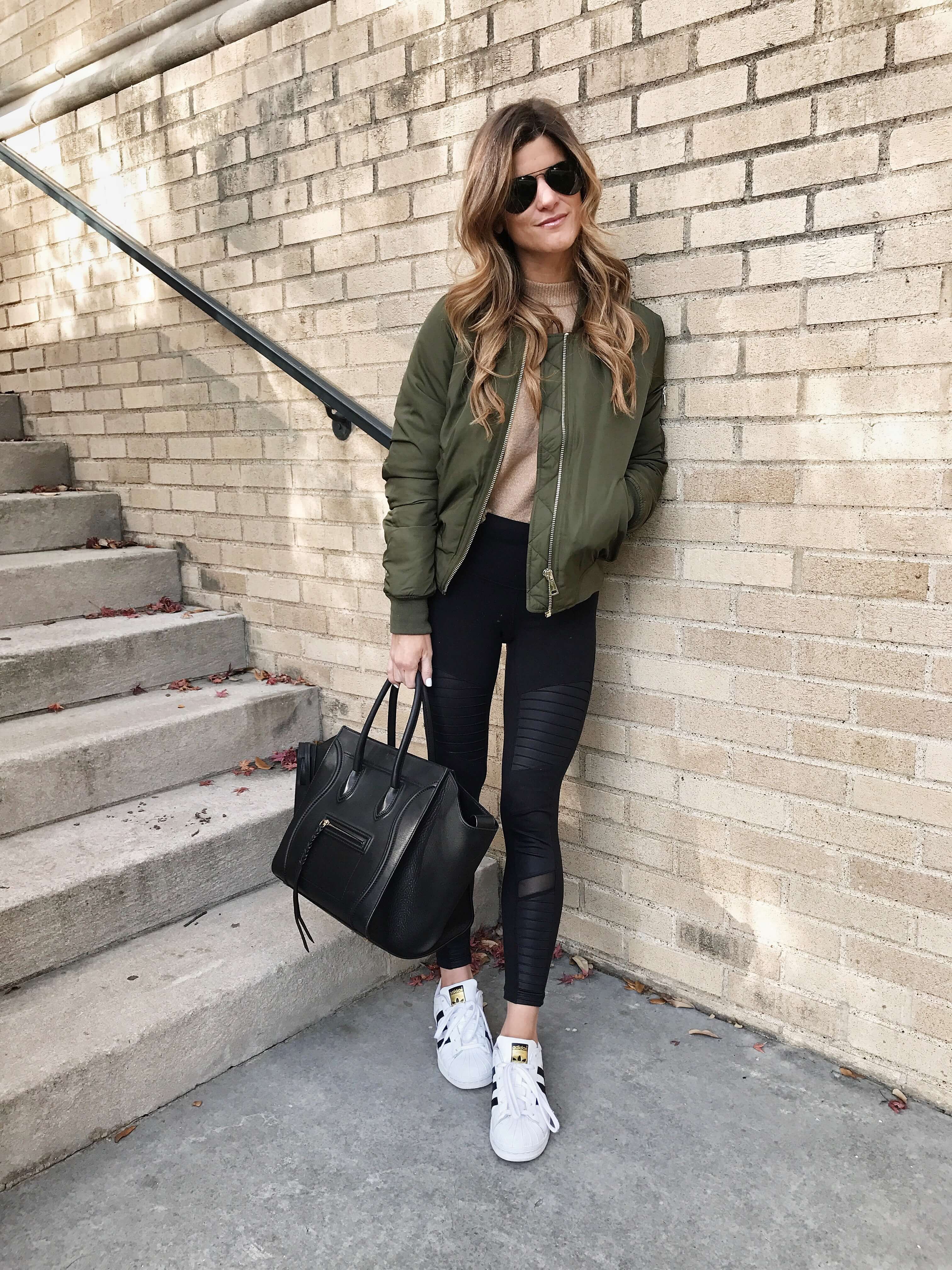 sportswear lux trend, moto AYO leggings, adidas allstar sneakers, topshop olive green moto jacket, celine phantom bag, casual chic outfit, bomber jacket outfit