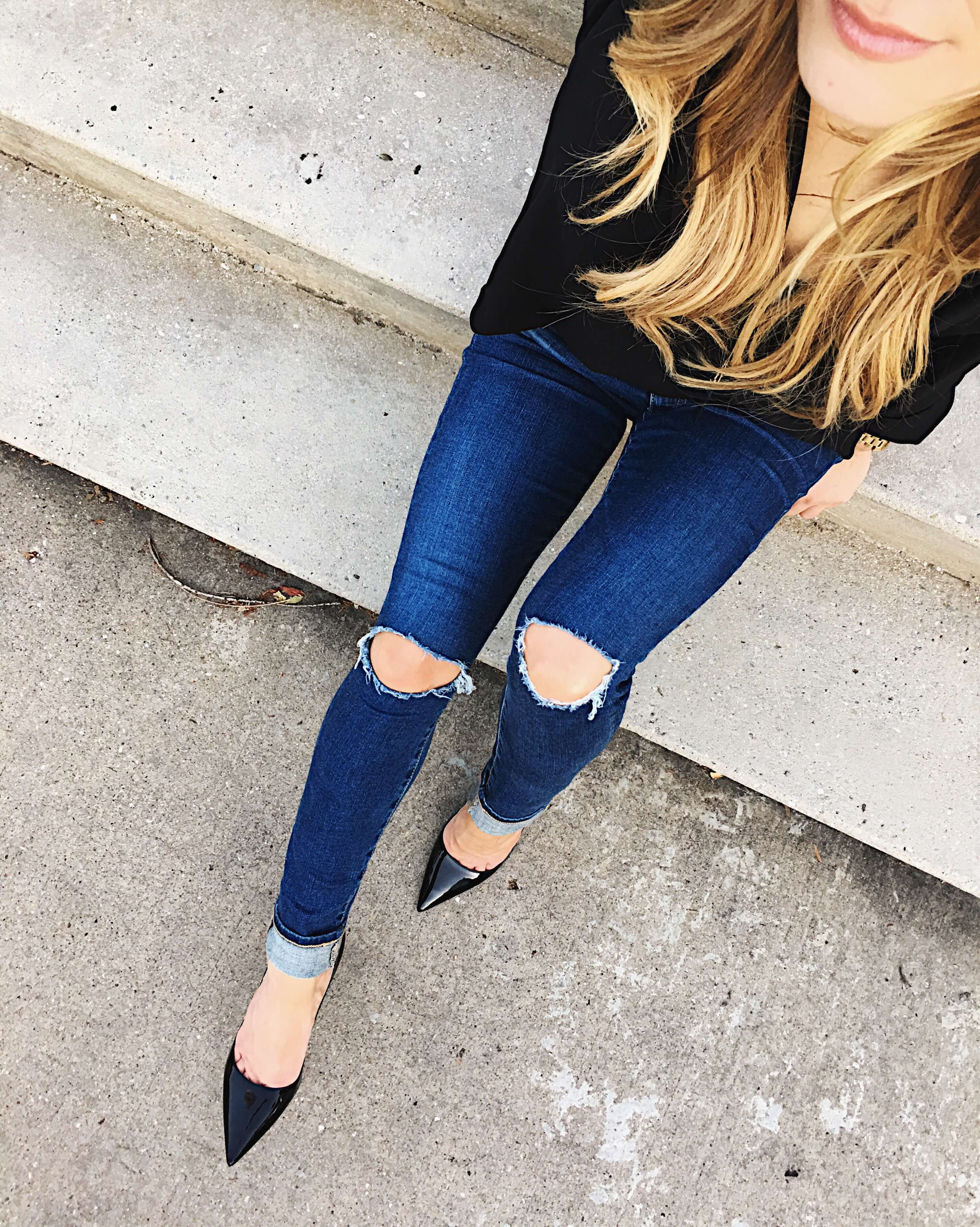 AG distressed legging jeans, prada pointed toe pump