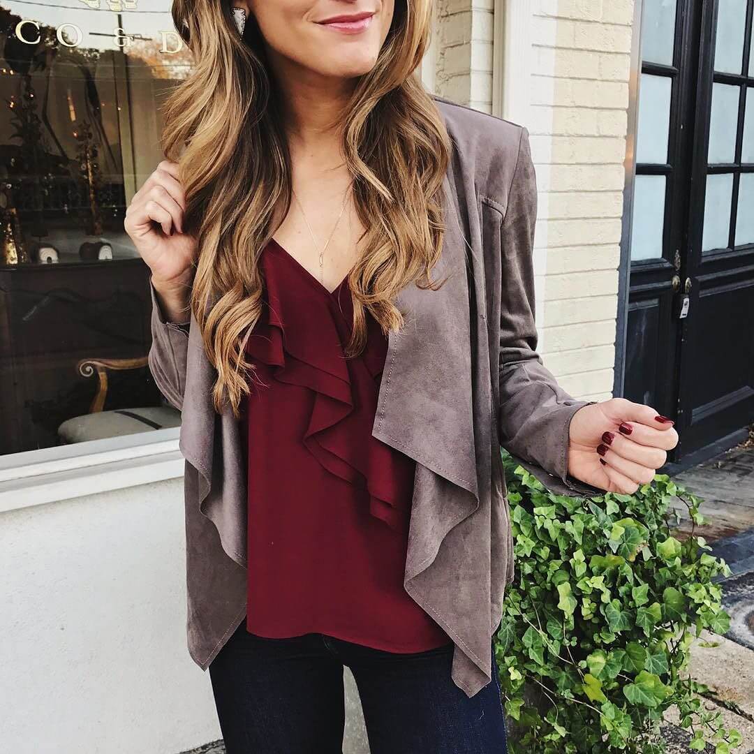 brighton the day styling suede jacket, burgundy top, jeans