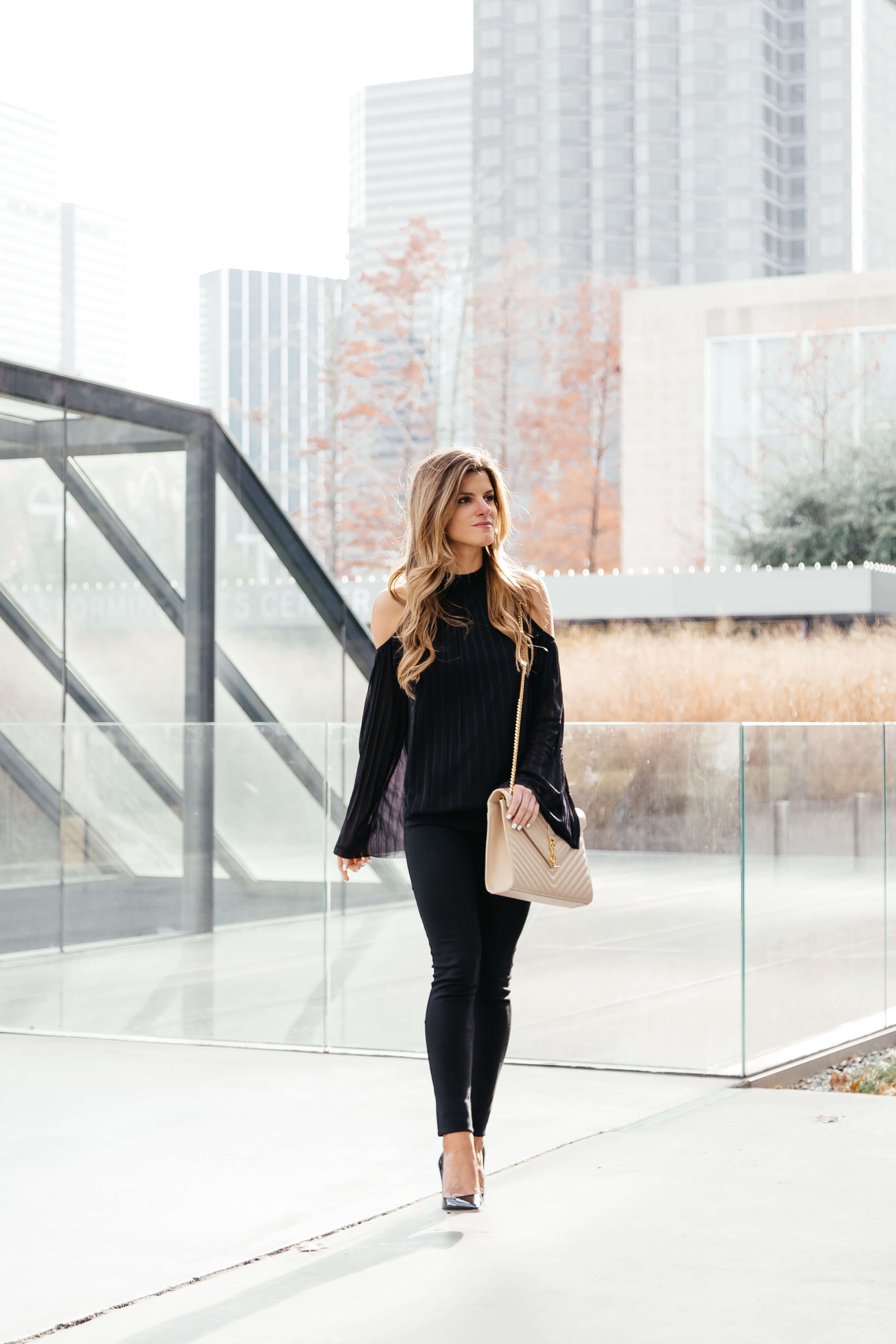 cold shoulder top, all black holiday outfit