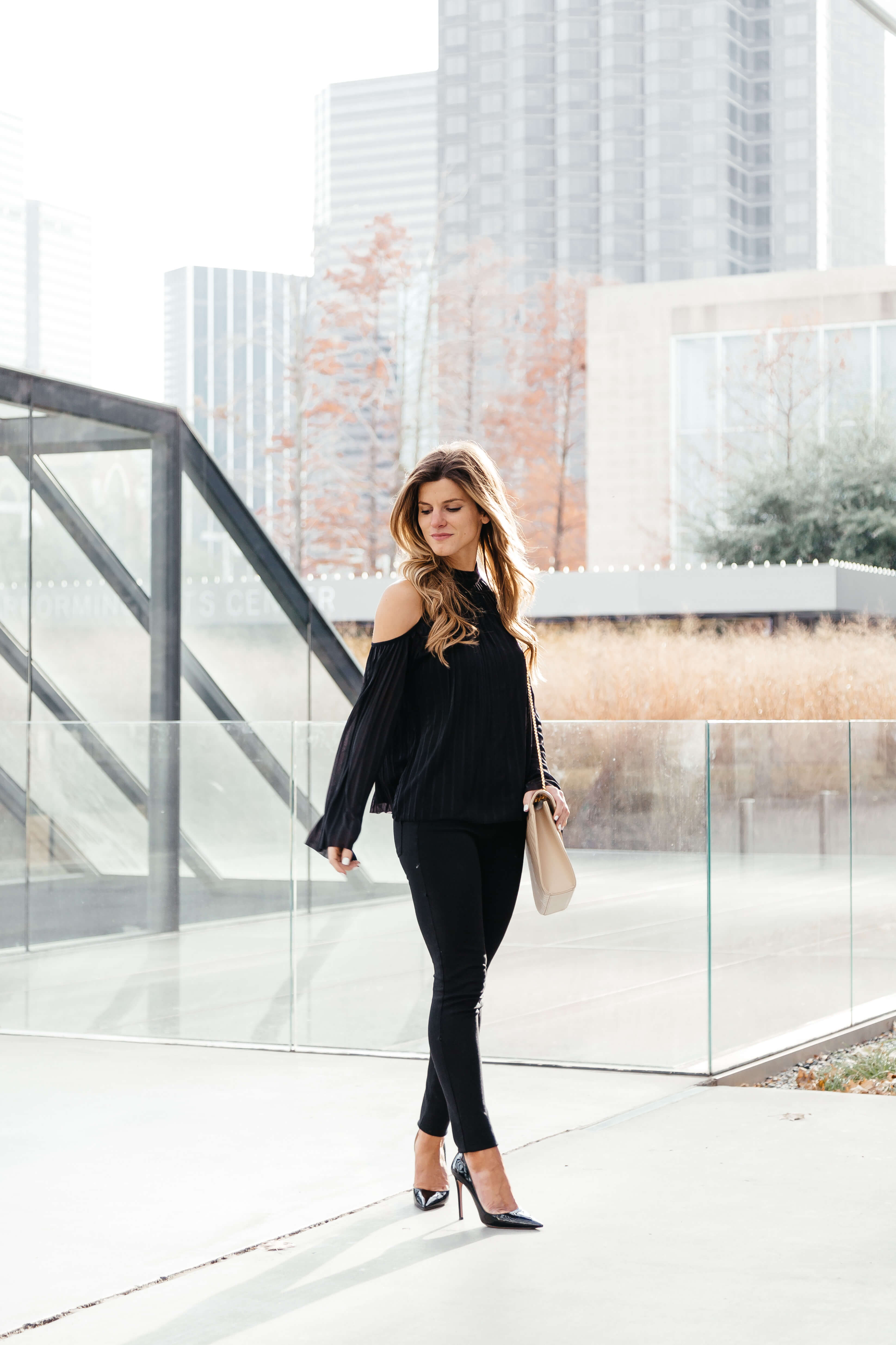 cold shoulder top, all black holiday outfit