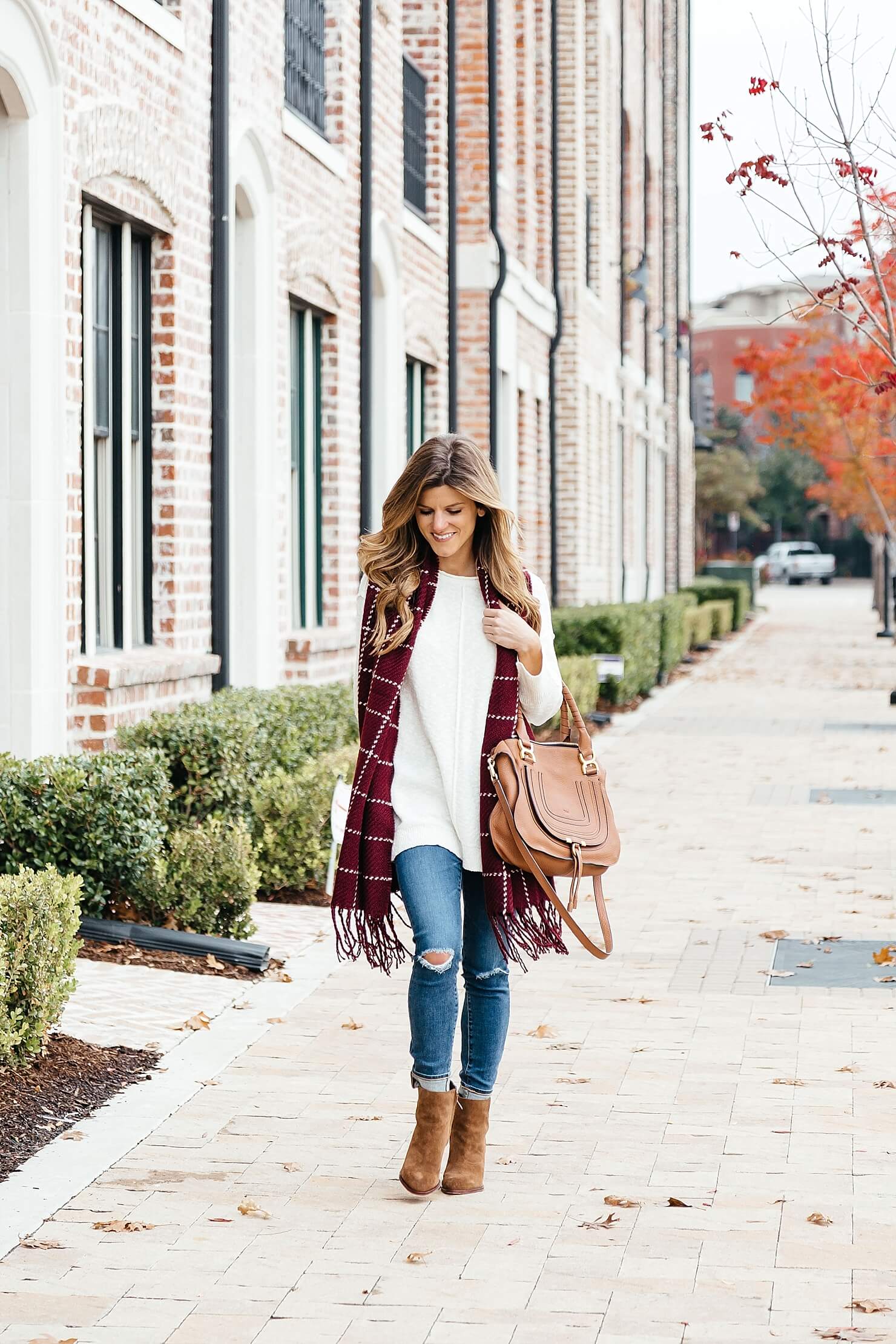 fall outfit, cream tunic sweater, burgundy sweater, chloe marcie bag tan, casual outfit idea