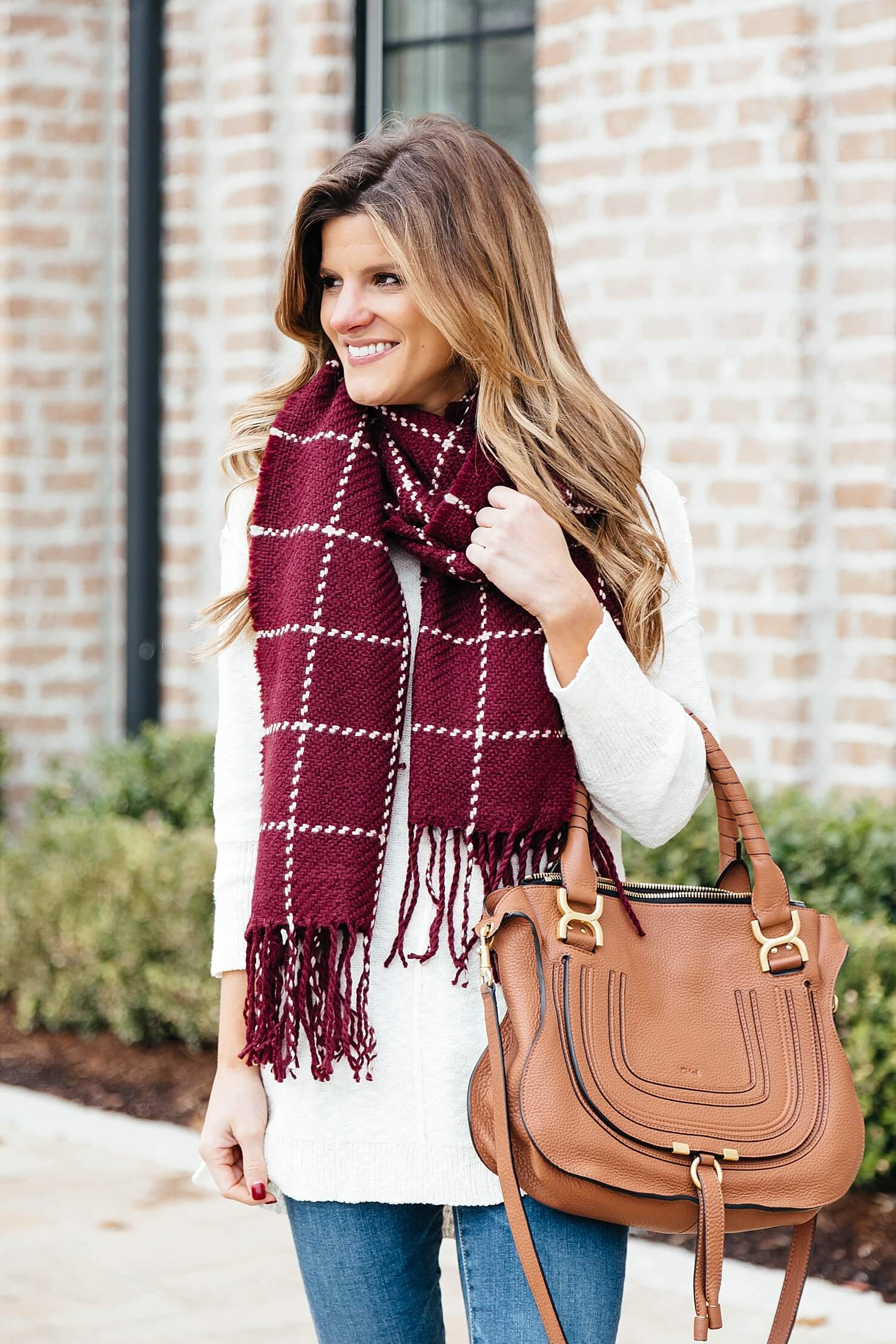 fall outfit idea, cream tunic sweater, burgundy scarf, chloe marcie tan bag, cozy scarf outfit