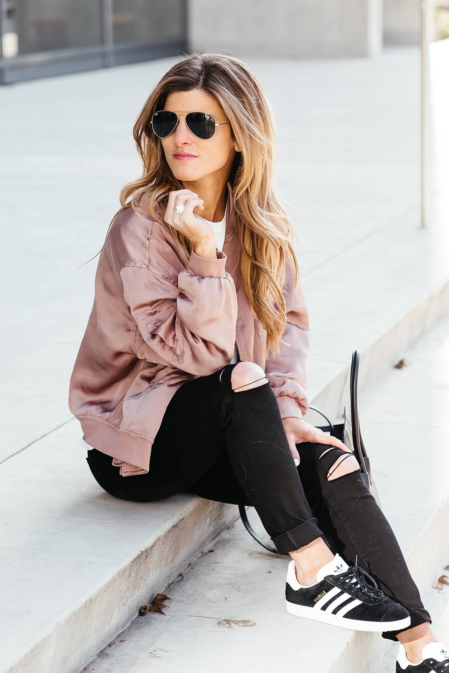 sincerely jules lips and lashes tee, leith pink bomber jacket, black jeans, casual everyday outfit, adidas gazelle sneakers
