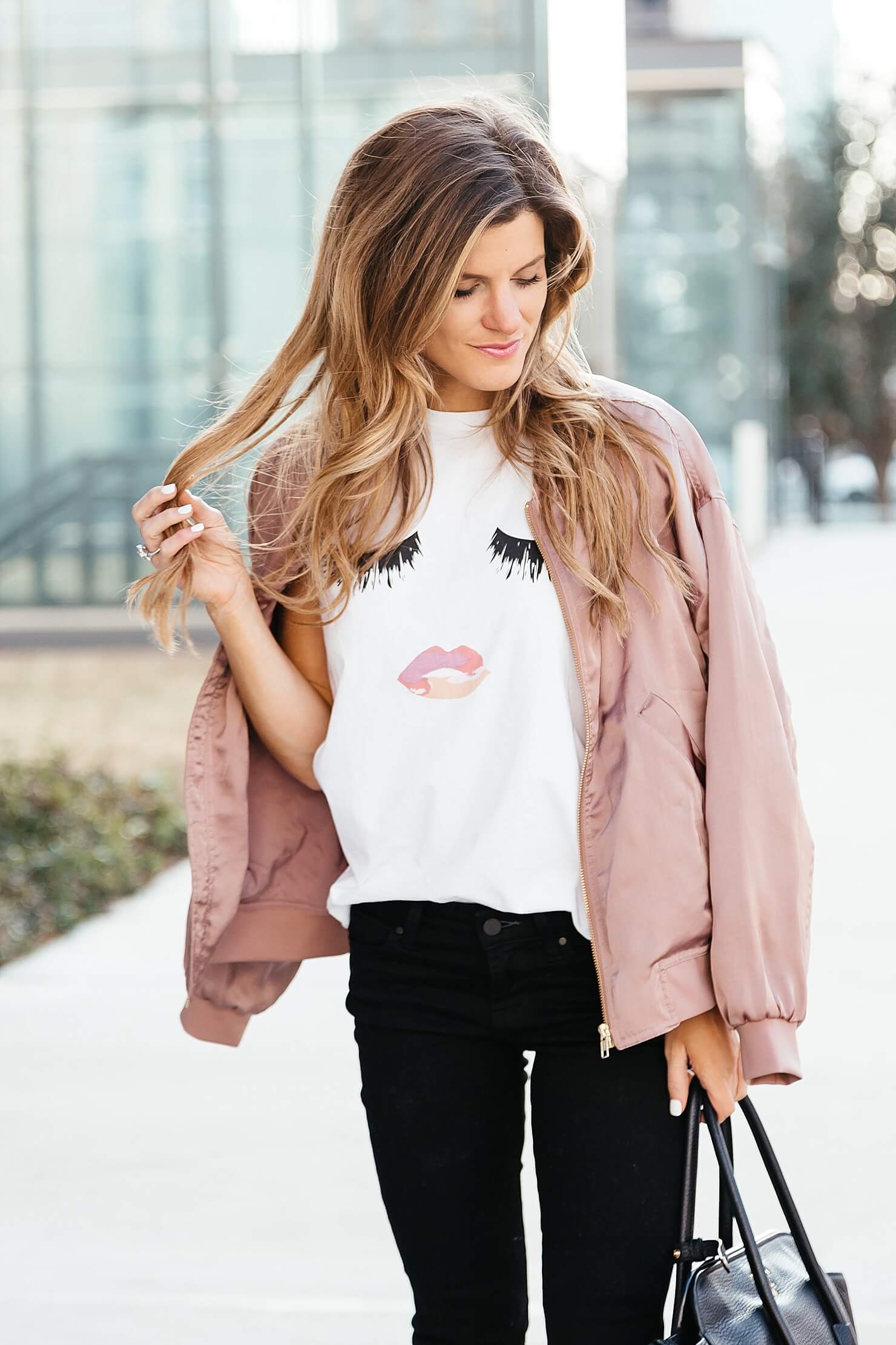 sincerely jules lips and lashes tee, leith pink bomber jacket, black jeans, casual everyday outfit
